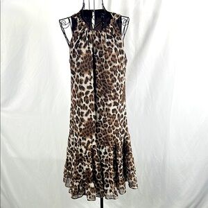 MSK‎ Brown and Black Ruffled Halter Midi Sundress Woman’s Size 10 Leopard Print